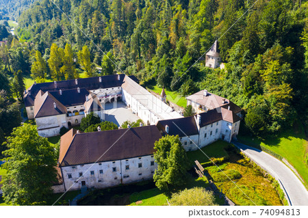Panoramic view from drone of the Bistra castle in Vrhnika. Slovenia 74094813