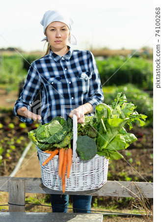 Girl farmer with a basket of vegetables in the garden Girl farmer with a basket of vegetables in the garden 74100268
