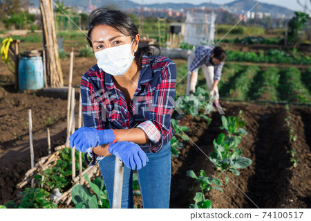 Female farmer in protective mask with shovel on farm field 74100517