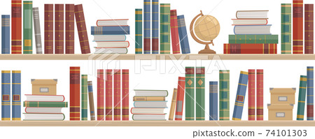 一個有許多書籍,地球儀和儲物盒的書架。白色背景,傳染媒介例證。 一個有許多書籍,地球儀和儲物盒的書架。白色背景,傳染媒介例證。 74101303