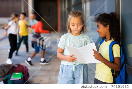 Two preteen schoolgirls talking near school building Two preteen schoolgirls talking near school building 74101985