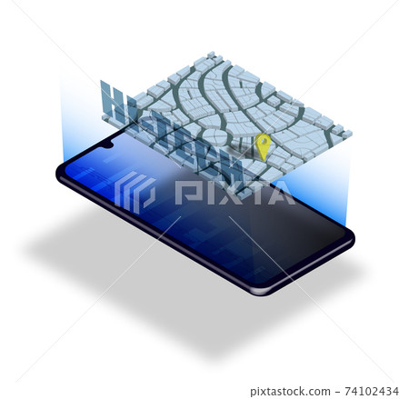 3D holographic installation, modern mobile applications and technologies. GPS routing. Projection of map of the city with checkpoint. Vector on white background 3D holographic installation, modern mobile applications and technologies. GPS routing. Projection of map of the city with checkpoint. Vector on white background 74102434