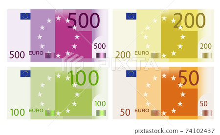 set of banknotes of 500, 200, 100 and 50 euros. Templates for design. Isolated vector on white background set of banknotes of 500, 200, 100 and 50 euros. Templates for design. Isolated vector on white background 74102437