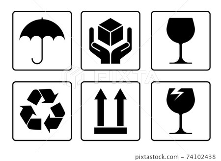 set of packaging symbols for goods. Keep dry, brittle, recycle. Isolated vector on white background 74102438