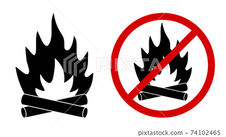 bonfire icon and sign prohibiting bonfire in the forest. Isolated vector on white background bonfire icon and sign prohibiting bonfire in the forest. Isolated vector on white background 74102465