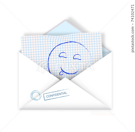realistic detailed open mail envelope with a notebook sheet and a painted smile. Unexpected pleasant surprise. Isolated vector on white background realistic detailed open mail envelope with a notebook sheet and a painted smile. Unexpected pleasant surprise. Isolated vector on white background 74102471