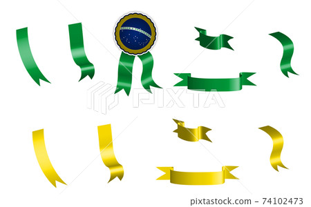 label, set of green and yellow ribbons with tag, in colors of brazil flag. Isolated vector on white background label, set of green and yellow ribbons with tag, in colors of brazil flag. Isolated vector on white background 74102473