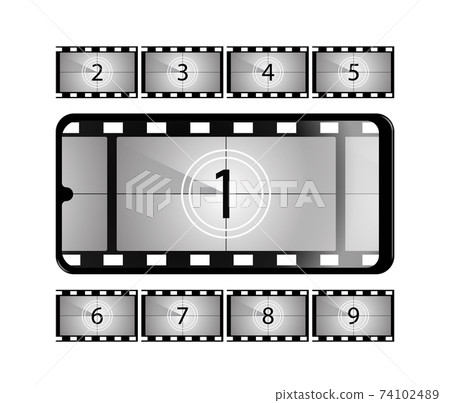 realistic smartphone with a countdown to the start of the movie on the screen. Film frames with account numbers. Isolated vector template realistic smartphone with a countdown to the start of the movie on the screen. Film frames with account numbers. Isolated vector template 74102489