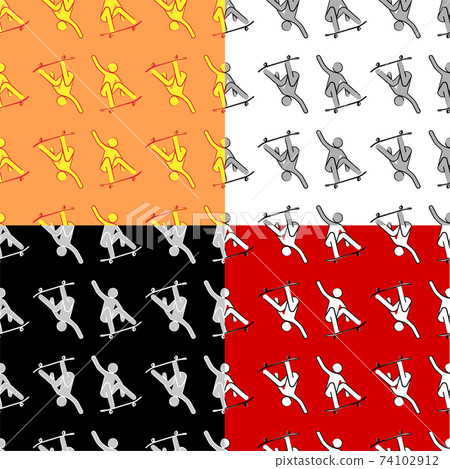 set of seamless yellow-orange summer pattern with a man on a skateboard. Template for textile. Minimalistic vector 74102912