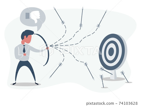 Man or businessman shooting arrow at target with bow and missing. Business concept of failure. Man or businessman shooting arrow at target with bow and missing. Business concept of failure. 74103628