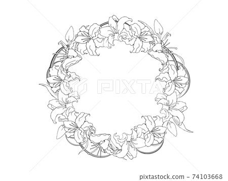 Round frame of lily flower and miscanthus (line art) 74103668