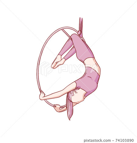 Aerial female gymnast in hoop. Aerial gymnastics stunt. Colored vector illustration isolated on white background Aerial female gymnast in hoop. Aerial gymnastics stunt. Colored vector illustration isolated on white background 74103890