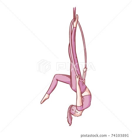 Aerial female gymnast in hoop. Aerial gymnastics strength iproving pose. Colored sketch vector illustration Aerial female gymnast in hoop. Aerial gymnastics strength iproving pose. Colored sketch vector illustration 74103891