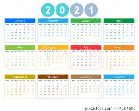 2021 calendar, week starts Monday. Vector illustration, flat design. 2021 calendar, week starts Monday. Vector illustration, flat design. 74104693