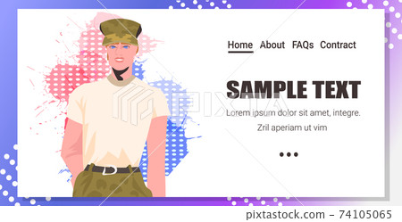 army girl soldier woman in military uniform happy labor day celebration concept USA flag background 74105065