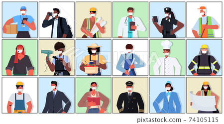set mix race people of different occupations wearing masks to prevent coronavirus pandemic labor day celebration 74105115