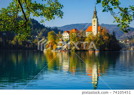 Beautiful excursion place with Pilgrimage church and lake Bled, Slovenia Beautiful excursion place with Pilgrimage church and lake Bled, Slovenia 74105451
