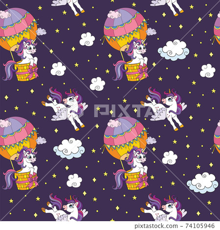 Seamless pattern cute unicorns in the sky vector - Stock Illustration ...