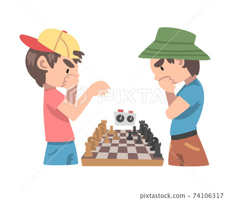 Cute Boys Playing Chess Game, Chess Club, Tournament, Leisure Activity, Logic Game for Brain Development Concept Cartoon Style Vector Illustration 74106317