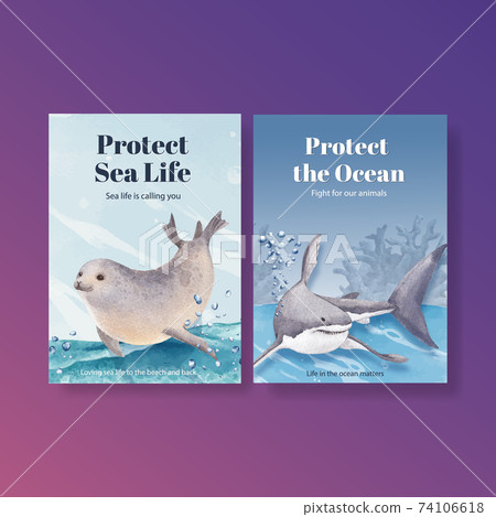 Thank you card with sea life concept design watercolor vector illustration 74106618