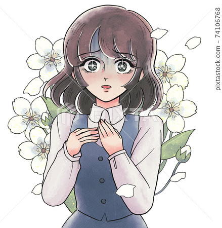 Retro girl cartoon style, surprised and pale face, carrying flowers Retro girl cartoon style, surprised and pale face, carrying flowers 74106768