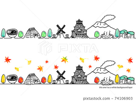 Simple handwritten autumn Kyushu cityscape line art set 74106903