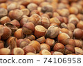Forest nut background. Full and half of hazelnuts on white background top view. Isolated 74106958