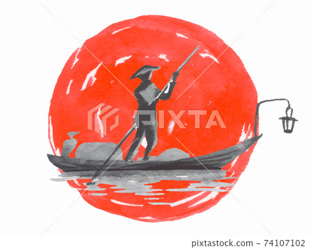 Japan traditional sumi-e painting. Fuji mountain, fisherman, sunset. Japan sun. Indian ink illustration. Japanese picture on rice paper. Vector drawing. 74107102