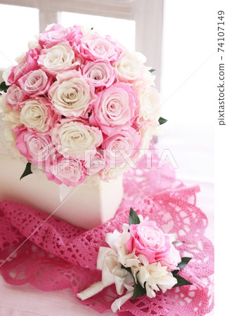 Pink round wedding bouquet and boutonniere Pink round wedding bouquet and boutonniere 74107149