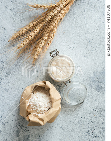 Wheat sourdough starter, top view, copy space Wheat sourdough starter, top view, copy space 74107939