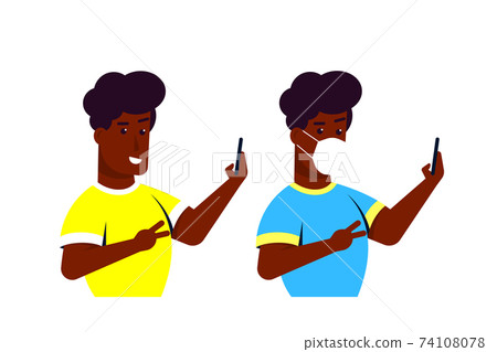 Young Man Character with Smartphone and Wearing Face Mask Young Man Character with Smartphone and Wearing Face Mask 74108078