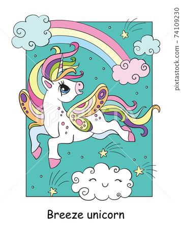 Cute unicorn with wings flying in the sky colorful vector illustration 74109230