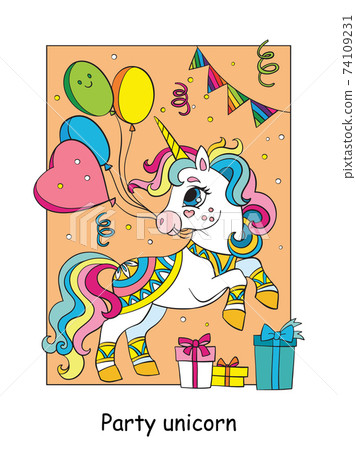 Cute party unicorn with balloons colorful vector illustration 74109231