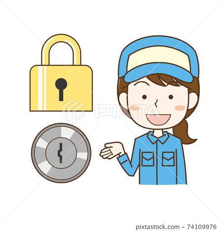 Locksmith woman explaining the type of key 74109976
