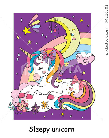 Cute sleepy unicorn lying on cloud colorful vector illustration 74110102