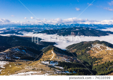 Morning in the mountains. Carpathian Ukraine, Aerial view. Morning in the mountains. Carpathian Ukraine, Aerial view. 74110399