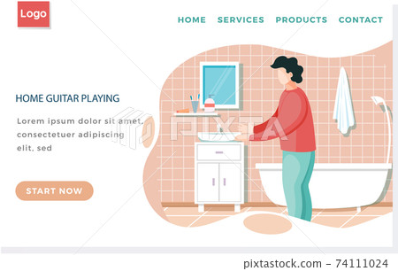 Home guitar playing landing page template with Man standing in bathroom dressed in casual clothes 74111024