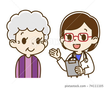 Elderly woman (smiles) interviewed by a female doctor Elderly woman (smiles) interviewed by a female doctor 74111105