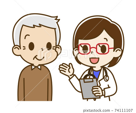 Elderly man (smiles) interviewed by a female doctor Elderly man (smiles) interviewed by a female doctor 74111107