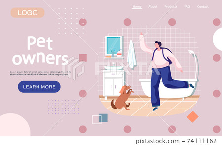 Pet owner happy woman playing with dog at home in bathroom, funny girl jumping training puppy Pet owner happy woman playing with dog at home in bathroom, funny girl jumping training puppy 74111162
