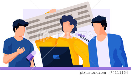 Men are standing near a laptop and communicate. The man in the middle holds a sign with the text 74111164