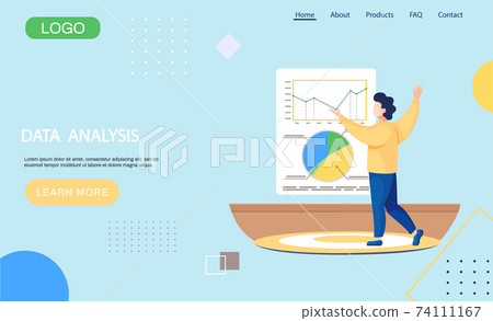 Data analysis landing page template man happy with successful completion of financial business plan 74111167