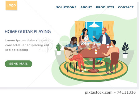 Website home guitar using. Guitarist making music. Friends with stickers on faces playing who I am Website home guitar using. Guitarist making music. Friends with stickers on faces playing who I am 74111336