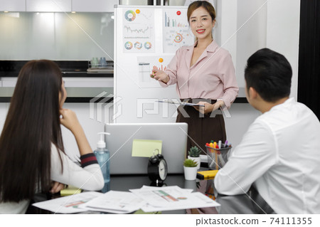 Asian Business Team brainstorm meeting. Business start up working at Private Home Office. New generation business people working New business development, Startup concept. 74111355