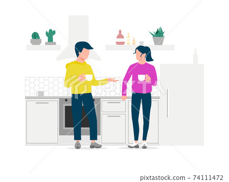 The couple is talking in the kitchen. Young people drink and have a small talk and a friendly conversation. Vector illustration. The couple is talking in the kitchen. Young people drink and have a small talk and a friendly conversation. Vector illustration. 74111472