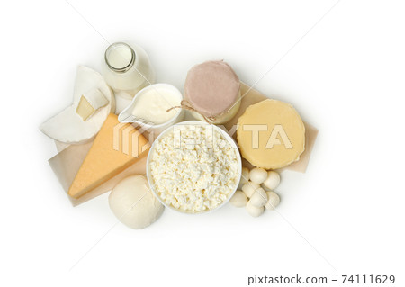 Different fresh dairy products isolated on white background Different fresh dairy products isolated on white background 74111629