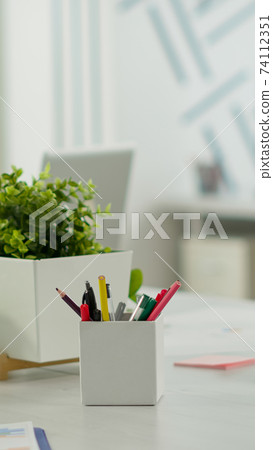 Empty start up business office, cozy light company room with conference table Empty start up business office, cozy light company room with conference table 74112351