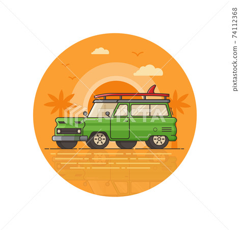 Surfing Car Seaside Icon in Line Art Surfing Car Seaside Icon in Line Art 74112368