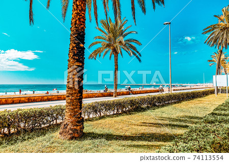 Seafront, beach,coast in Spain. Suburb of Barcelona, Catalonia Seafront, beach,coast in Spain. Suburb of Barcelona, Catalonia 74113554