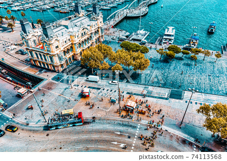 BARCELONA, SPAIN - SEPTEMBER 03: View of the embankment of Barcelona   in September 03, 2014 in Barcelona, Catallonia, Spain. The most popular place to walk for tourists. 74113568